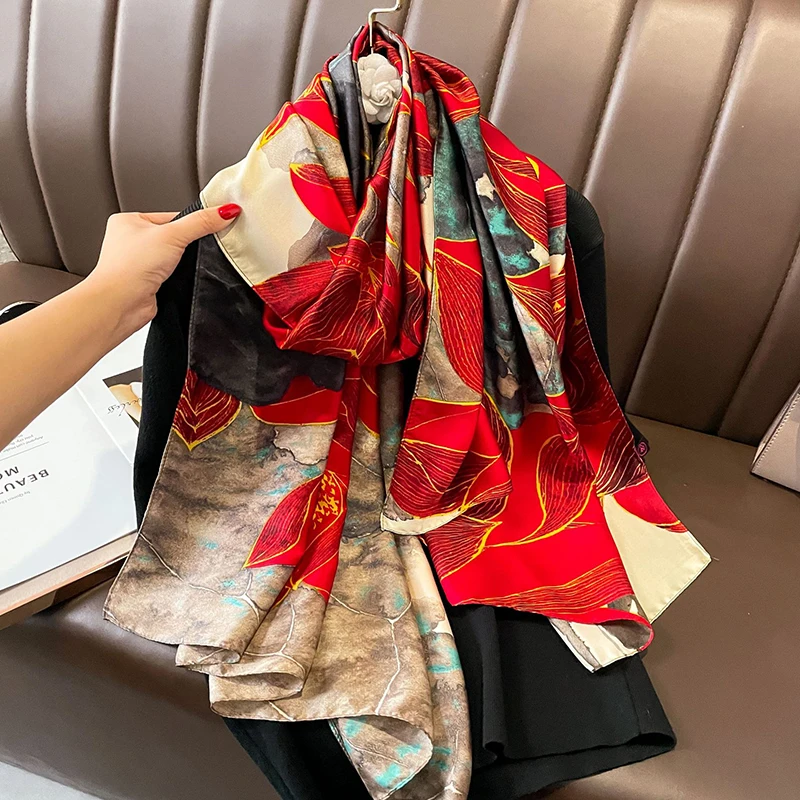 

Spring Summer Women Travel Beach Sun Resistance Lotus Printed Shawl Ladies Soft Long Silk Foulard Gauzy Chiffon Scarf
