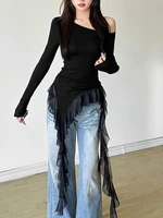 Ruffles Tassel Off shoulder Long sleeve T shirt Women Sweet Gentle Streetwear Party Basic Top Tees Shirt Sexy 2025 New - Image 2