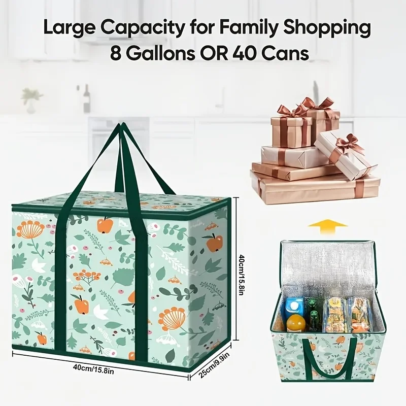 Large Reusable Grocery Bag - Keeps Food Hot/Cold for Hours, Durable Zipper Top, Spacious Interior with Storage Pockets 3