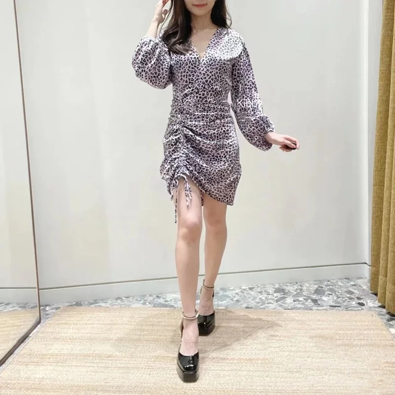 

2024 Spring Women Mini Dress Leopard Print Asymmetric Female Pleated Drawstring Long Sleeve V-Neck Robes