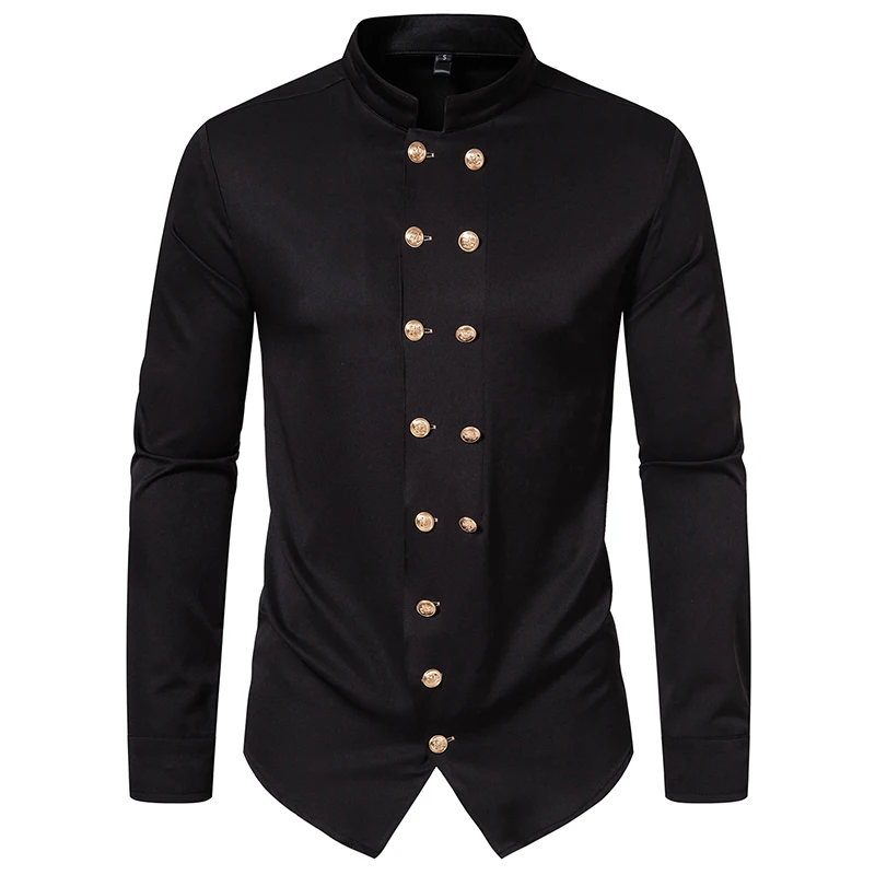 Men Long Sleeve Shirts Double Breasted Henry Collar Mens Dress Shirts Casual Male Clothes Chemise Hemd Homme Shirt S42 - Image 2