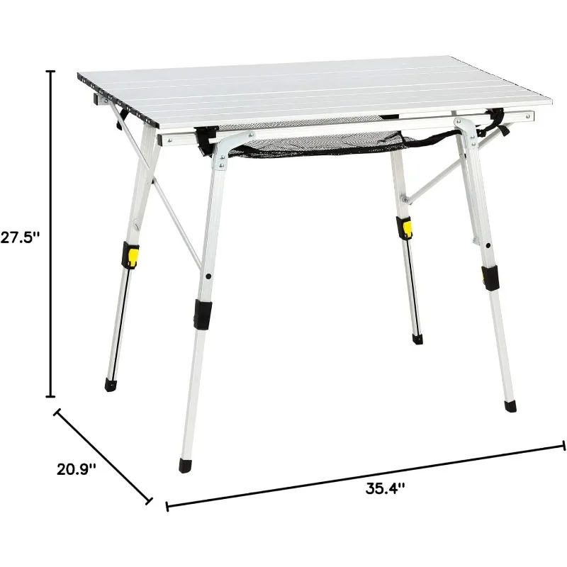 Outdoor Folding Portable Picnic Camping Table with Adjustable Height Aluminum Roll Up Table Top Mesh Layer, Silver