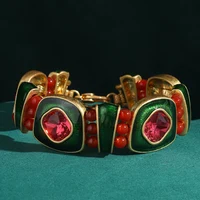 Vintage Green Enamel & Pink Crystal Charm Bracelet for Women - Image 2