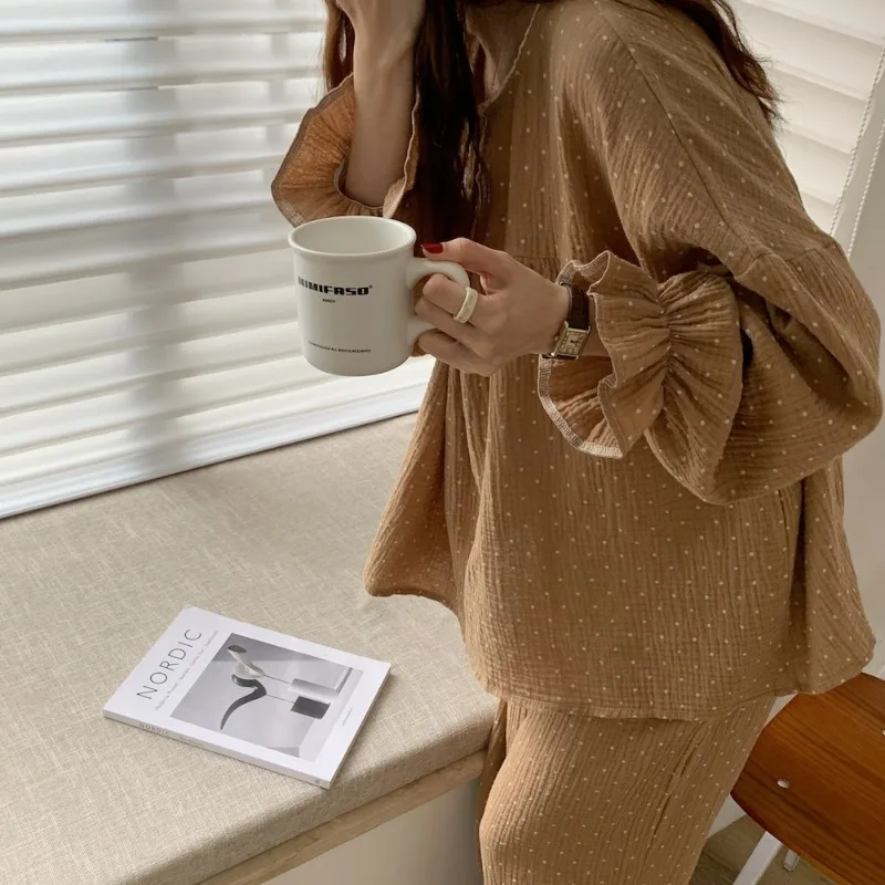 Women Cute Long-Sleeved Trousers Curry Polka Dot Printed Nightwear Homewear Spring and Fall Ladies Casual Sleepwear Loungewear 5