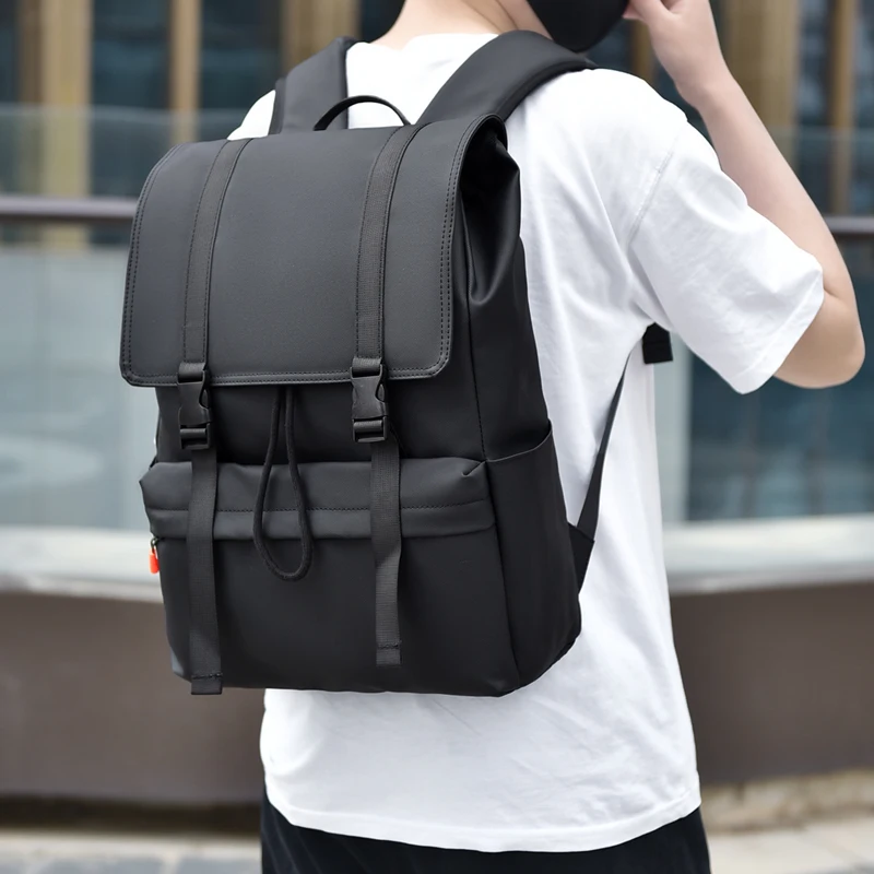 Mens Trendy Black Backpack Spacious Casual Rucksack Durable Laptop friendly Bag with Buckle Design