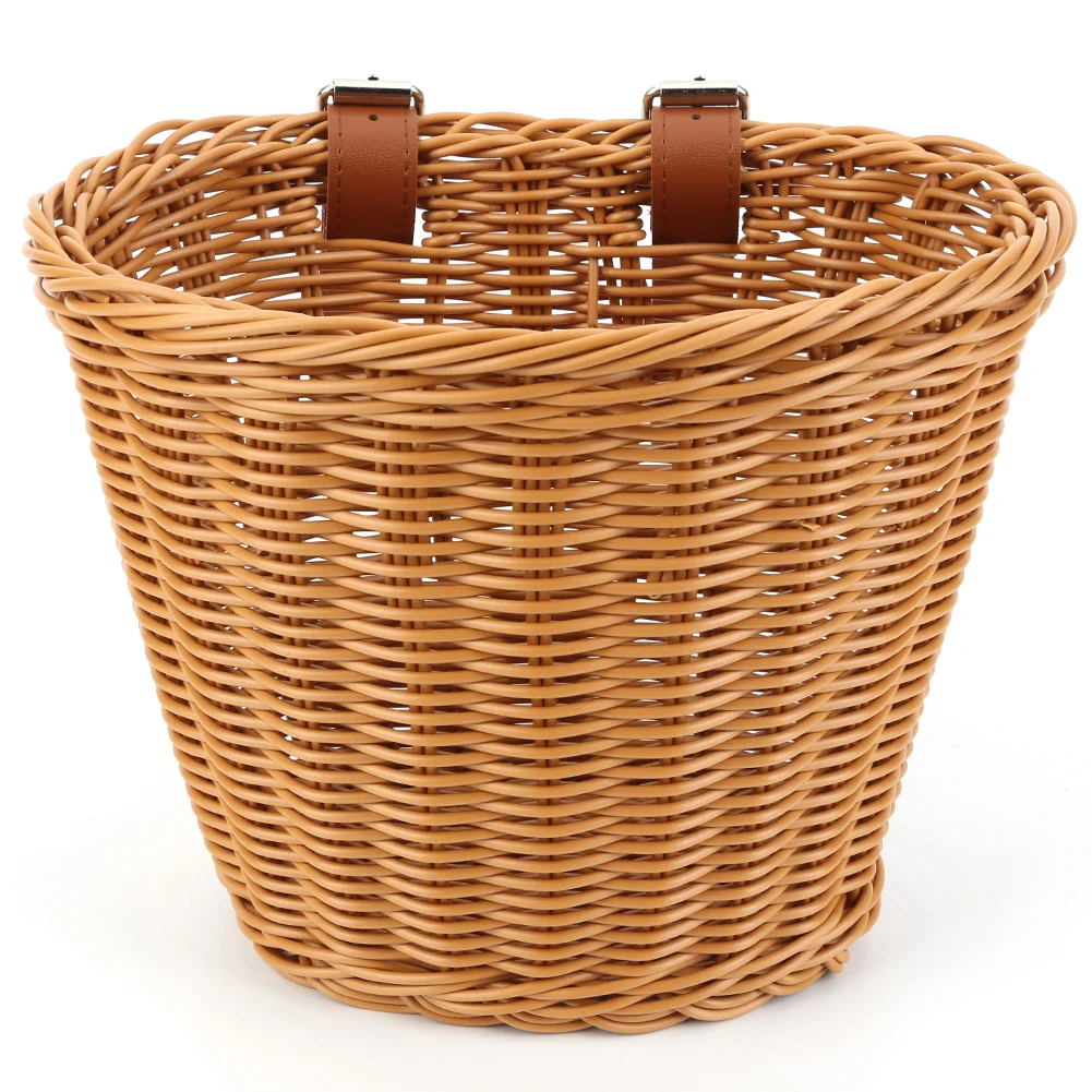Braided Bicycle Basket with Leather Straps Removable Imitation Rattan Bicycle Basket Bicycle Bell Bicycle Storage Pannier Bell