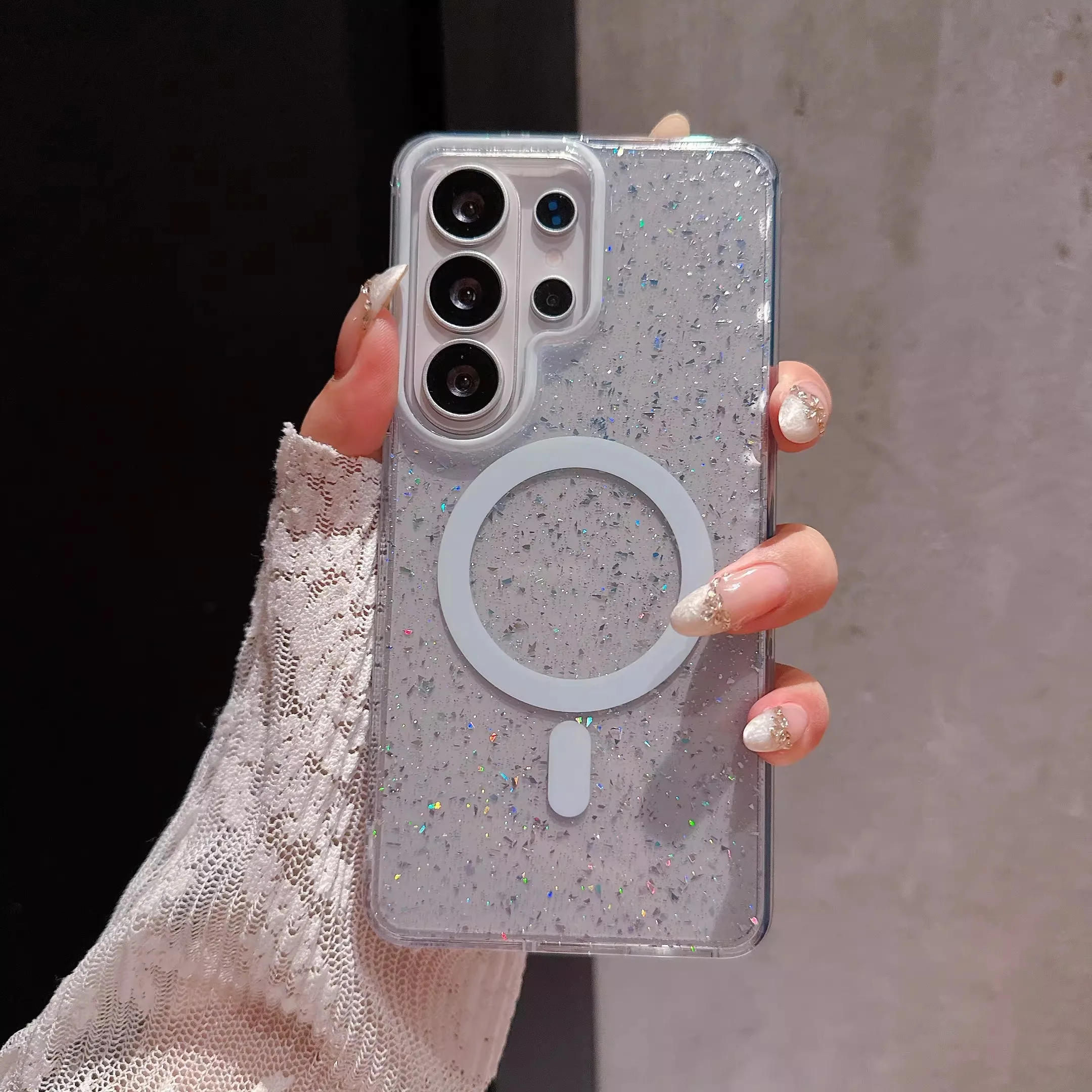 Glitter Transparent Luxury Shockproof Magnetic Phone Case with Bumper Cover