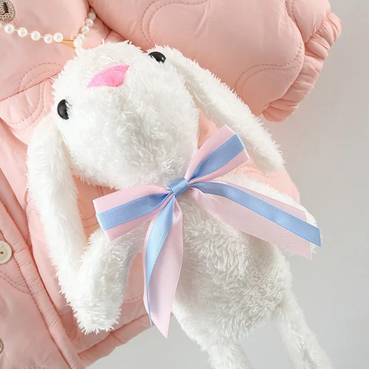 The New Winter Girls' Coat with Hat Flower Edge This Rabbit Print Warm and Fleece Warm Long Sleeve Coat + Diagonal Bunny Bag