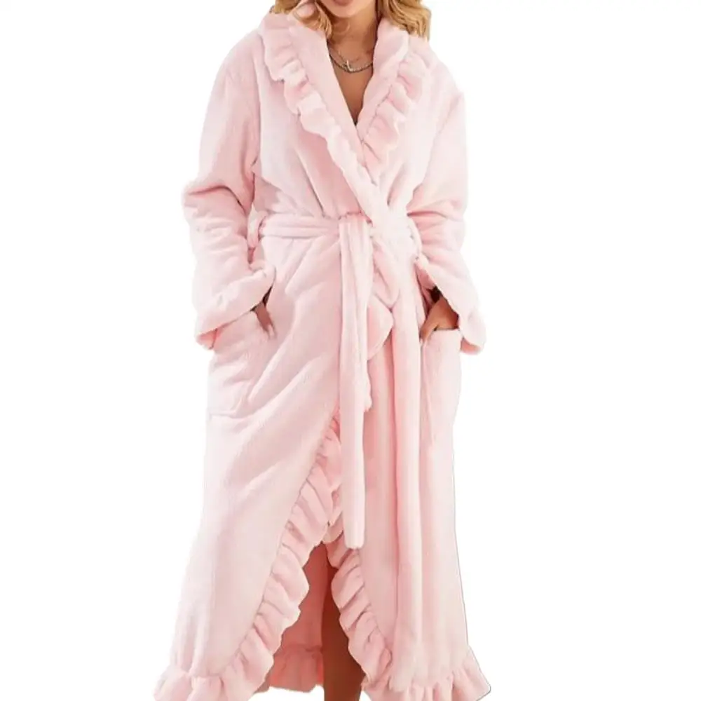 Soft Fleece Ruffle Robe for Women Wedding Bathrobe
