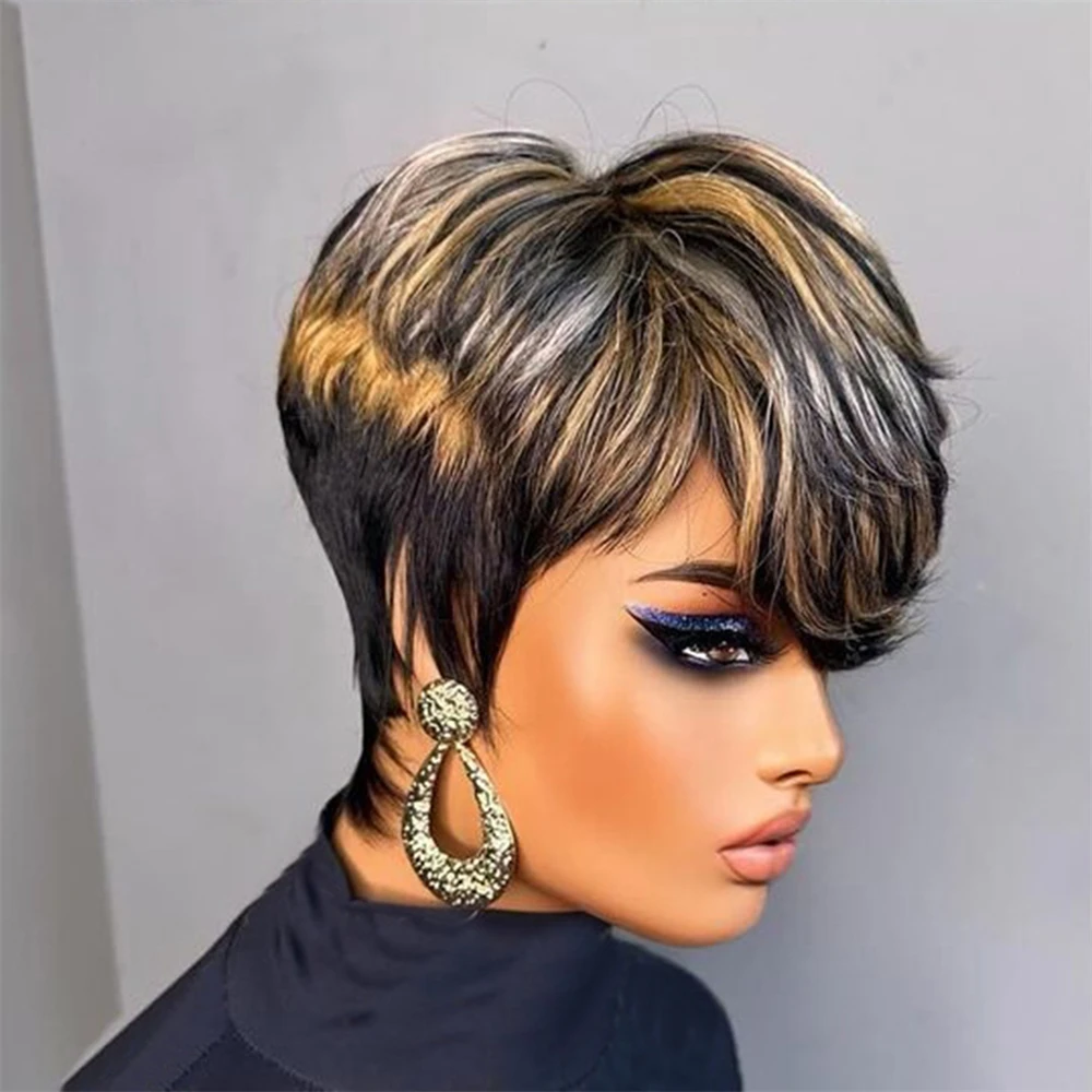 Human Hair Wigs Pixie Cut Wig For Black Women Full Machine Made Short Layered With Bangs
