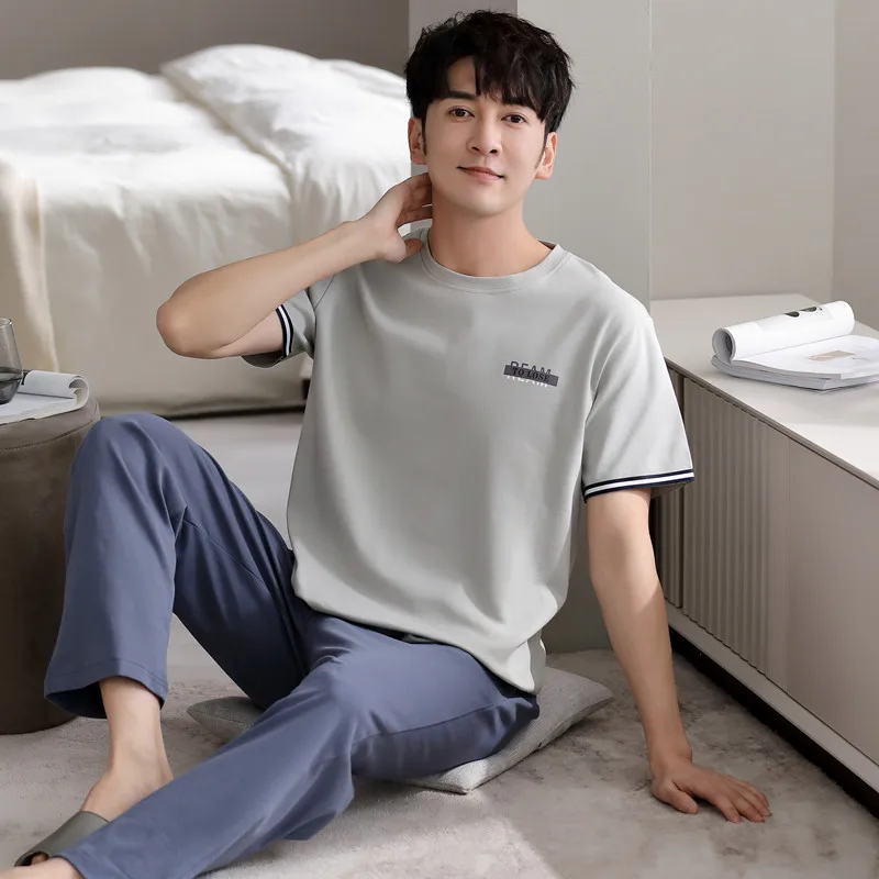 남성용 코튼 파자마 세트, 상의 및 긴 바지, 여름 캐주얼 운동복, 남성용 큰 야드 L-XXXL 파자마, 드롭쉽, 2 개/세트