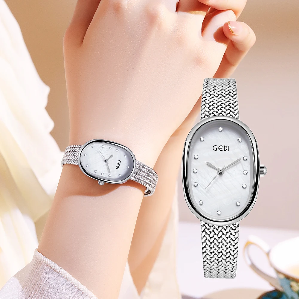 

Minimalist OVal Shaped Women Watches Luxury Stainless Steel Braided Band Diamonds Water Resistance Ladies Quartz Wristwatch Gift