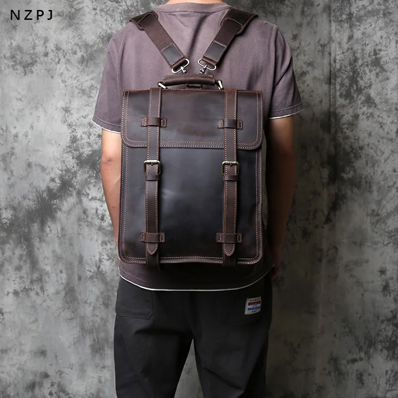 NZPJ Vintage Genuine Leather Men's Shoulder Bag Top Layer Cowhide Crossbody Bag Crazy Horse Leather Handheld Briefcase Laptops