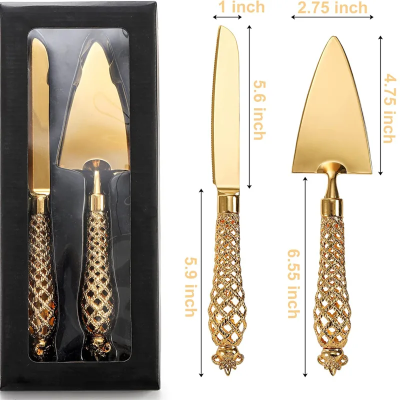 2Pcs/Set Gold Cake Cutting Set Cake Shovel Wedding Party Knife Server Kitchen Dessert Pie Fondant Divider Cutter Spatula