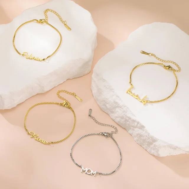Bracelet avec nom personnalisé pour femmes et filles, boîte en acier inoxydable, chaîne avec lettres, Bracelets porte-bonheur personnalisés, Unique, cadeau de bijoux personnalisé