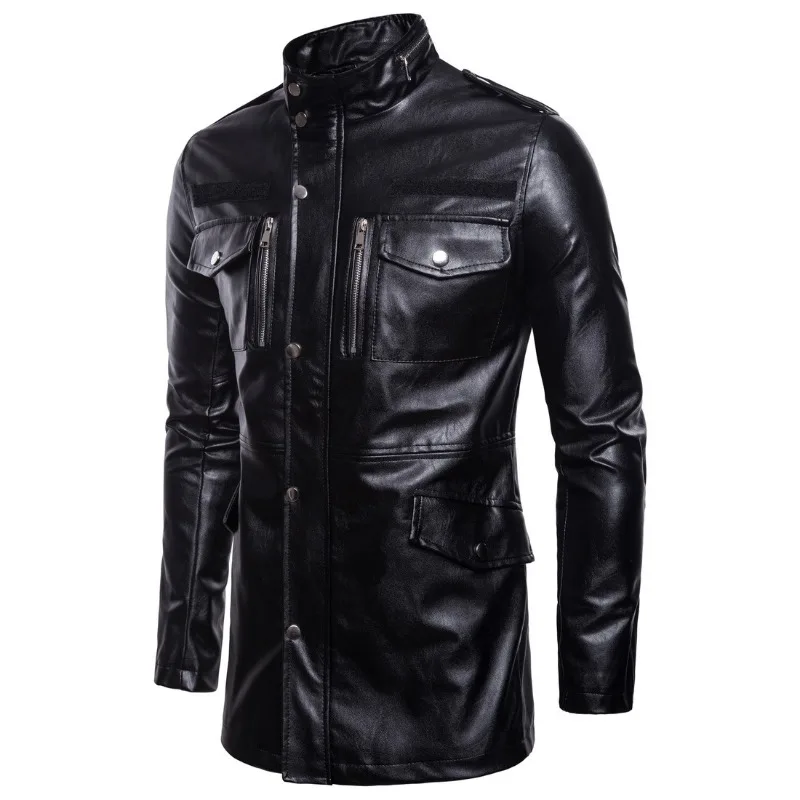 2023 New Men Fashion Solid Color Large Size Mid-Length Leather Clothing with Stand Collar Casual Four-Mouth Bag Leather Jacket