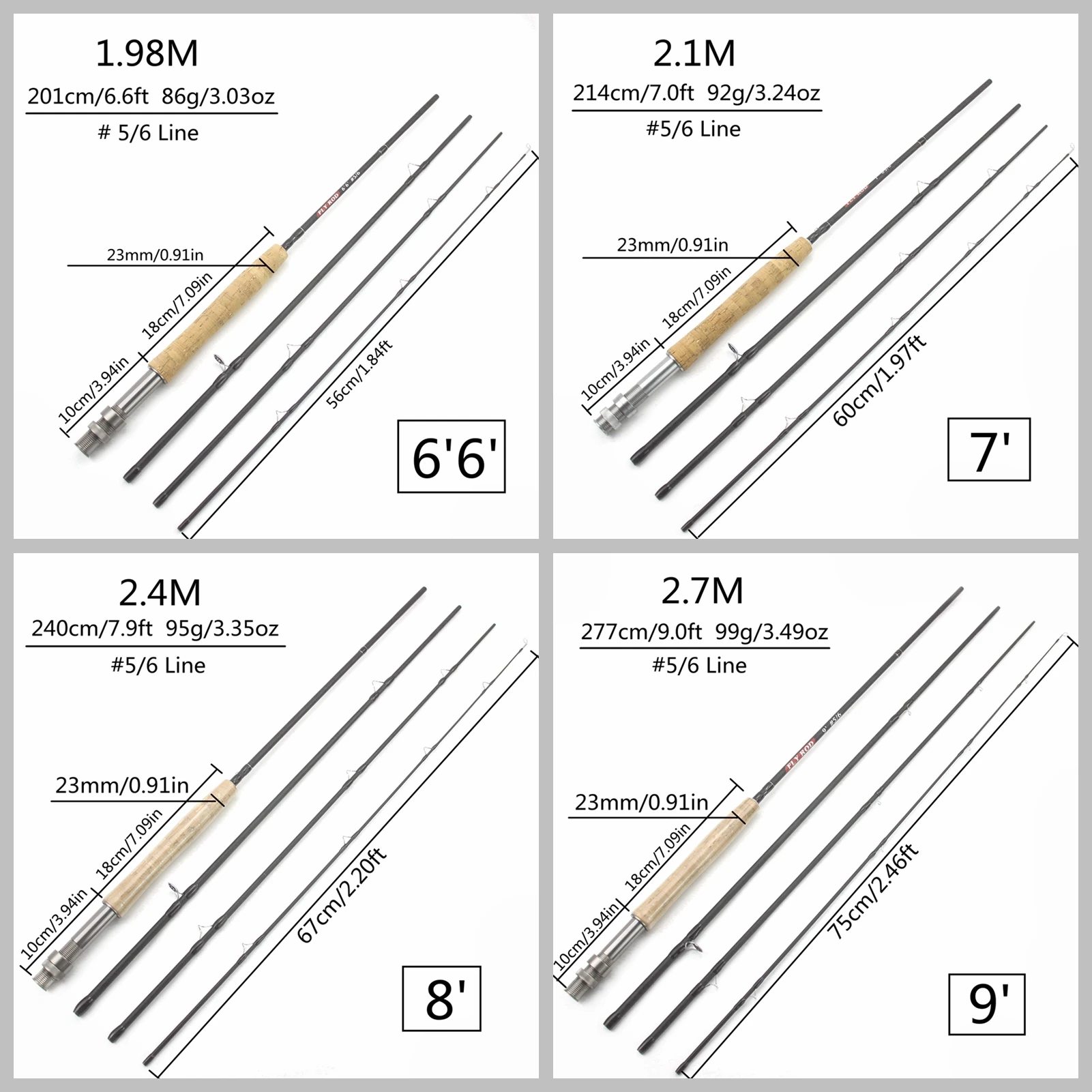 2.1M 2.4M 2.7M UltraLight 4 Sections Fly Fishing Rods LW 5/6 Fast