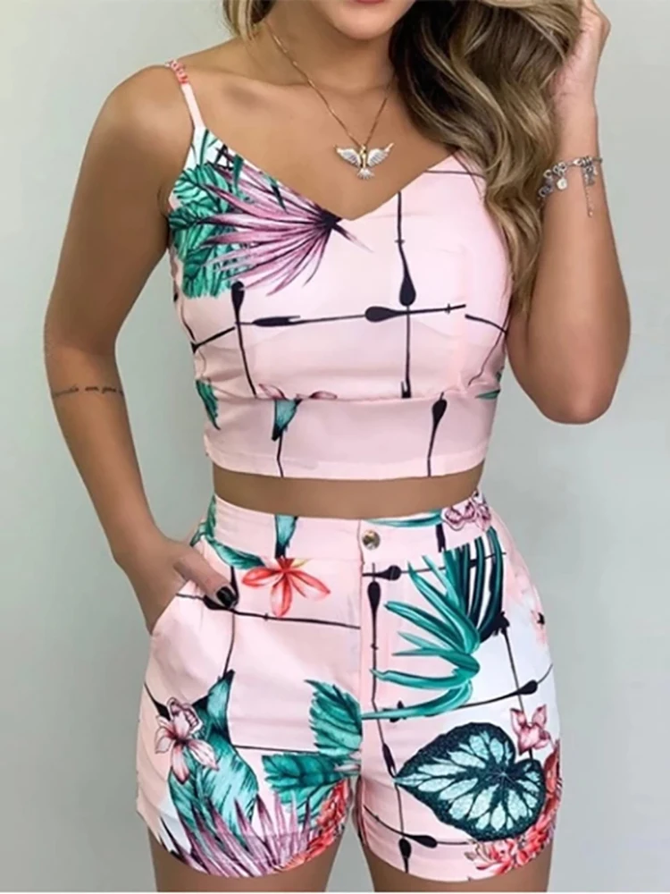 Summer Women Fashion 2 Piece Sets Office Lady Floral Print Spaghetti Strap Crop Top And Shorts Suits Female Outfits Party Wear