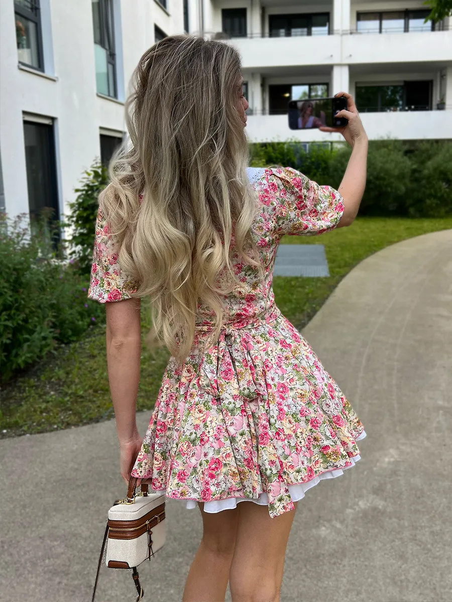 Bornladies Doll Collar Printed Short Sleeved Dress 2025 Summer New  Bubble Sleeve Single Breasted Mini Dress For Women