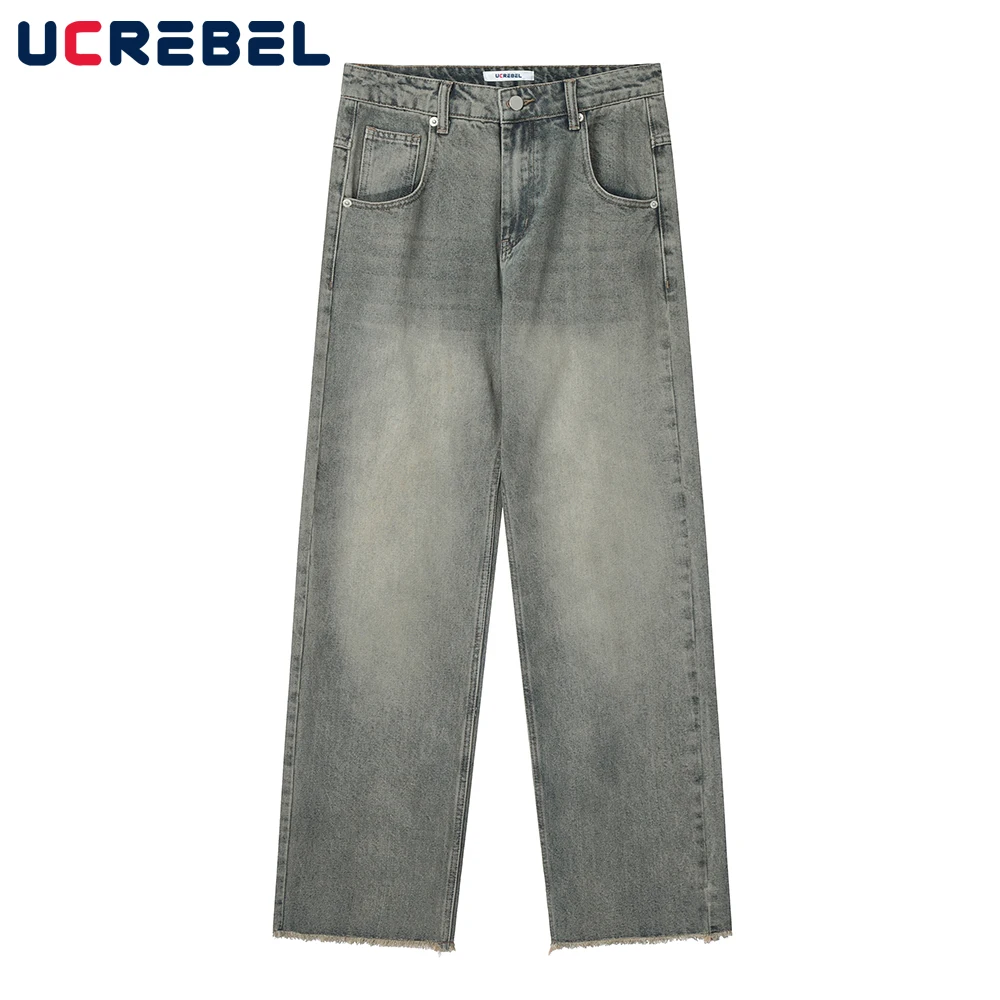 

Retro Raw Edge Jeans Mens Streetwear Casual Denim Pants Washed Distressed Loose Straight-leg Pants Men
