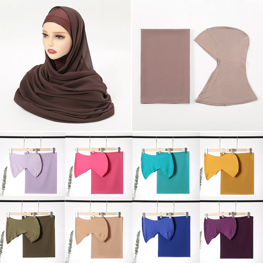 

Women Muslim Chiffon Hijab Scarf Sets Inner Caps Muslim Hijab Sets Shawl Scarves Classic Underscarf Matching Color