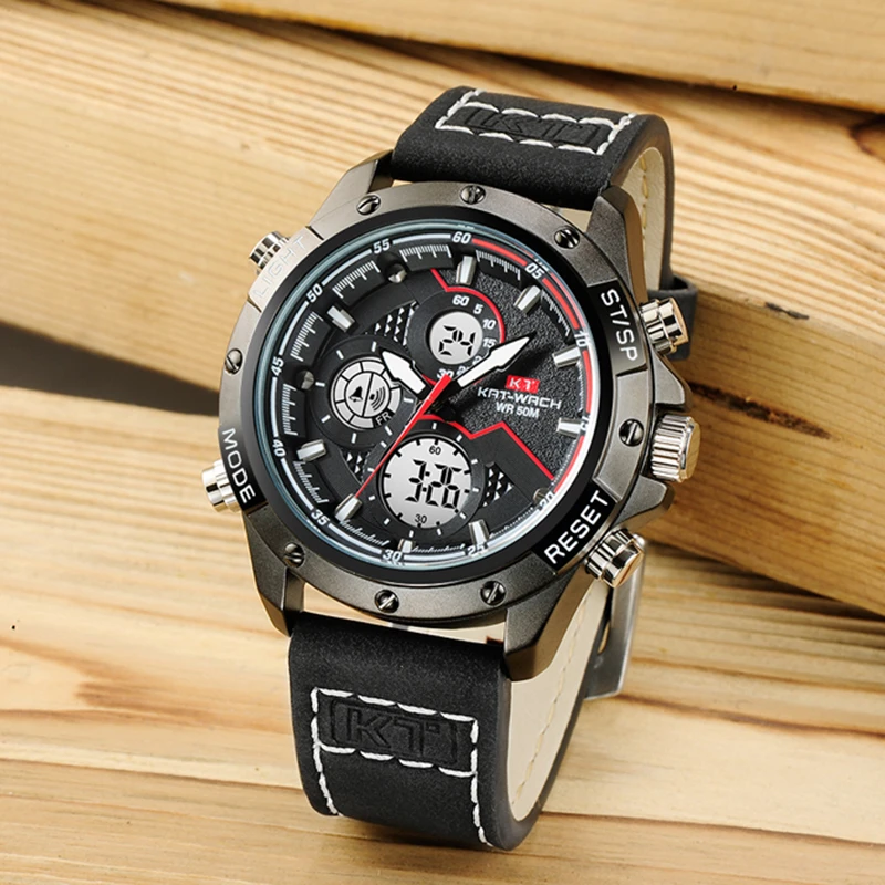 2022 KAT-WACH Fashion Chronograph Leather Sport Wristwatches Men Military Date Electronic Timing Men's Watches Relogio Masculino