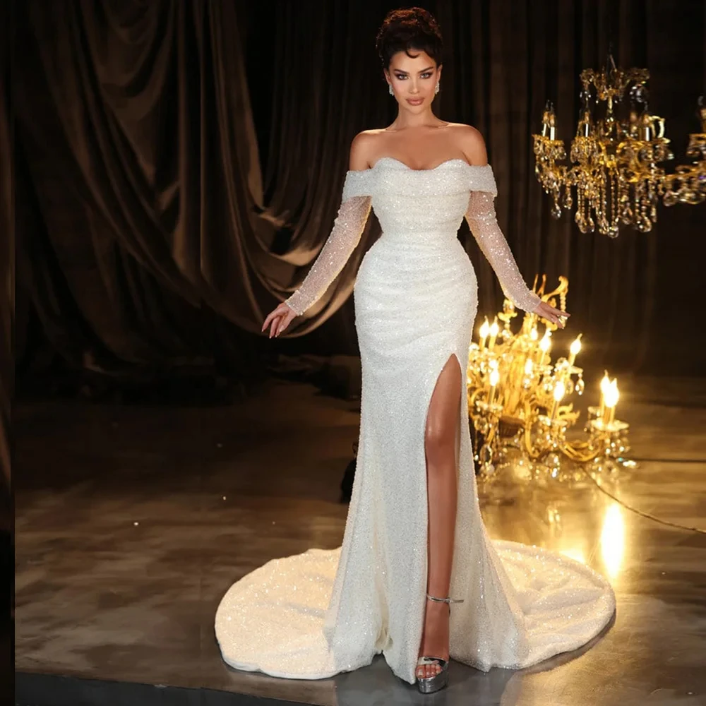 

Long Sleeve Shining Mermaid Wedding Dresses Slit Skirt Vintage Vestidos De Novia Off Shoulder Gorgeous Bridal Gowns 웨딩드레스