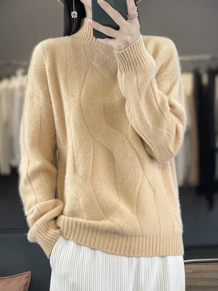 

Addonee Women Sweater Twist Flower Thick Autumn Winter Pullover 100% Merino Wool Soft Warm Mock Neck Cashmere Knitwear Korean