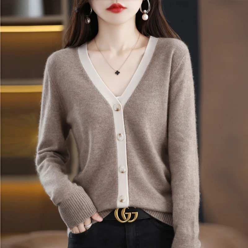 2022 Spring Autumn New 100% Pure Wool Cashmere Cardigan Ladies V-neck Top  Colorblock Coat Loose Sweater Knit Shirt Female Jacket - AliExpress