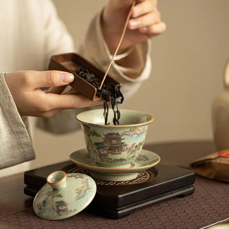 Chinese Style Ruyao Sancai Gaiwan Kungfu Tea Cup Tea Tureen Infuser Bowl Ceramic Crafts Kitchen Teaware