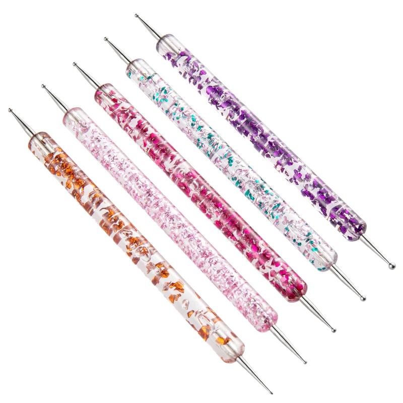 Description Picture 5 of item5pcs Dual-ended Nail Art Dotting Tool With Rhinestones Handle Gems Pens UV Gel Liner Flower Pattern Drawing Painting Brush Kits