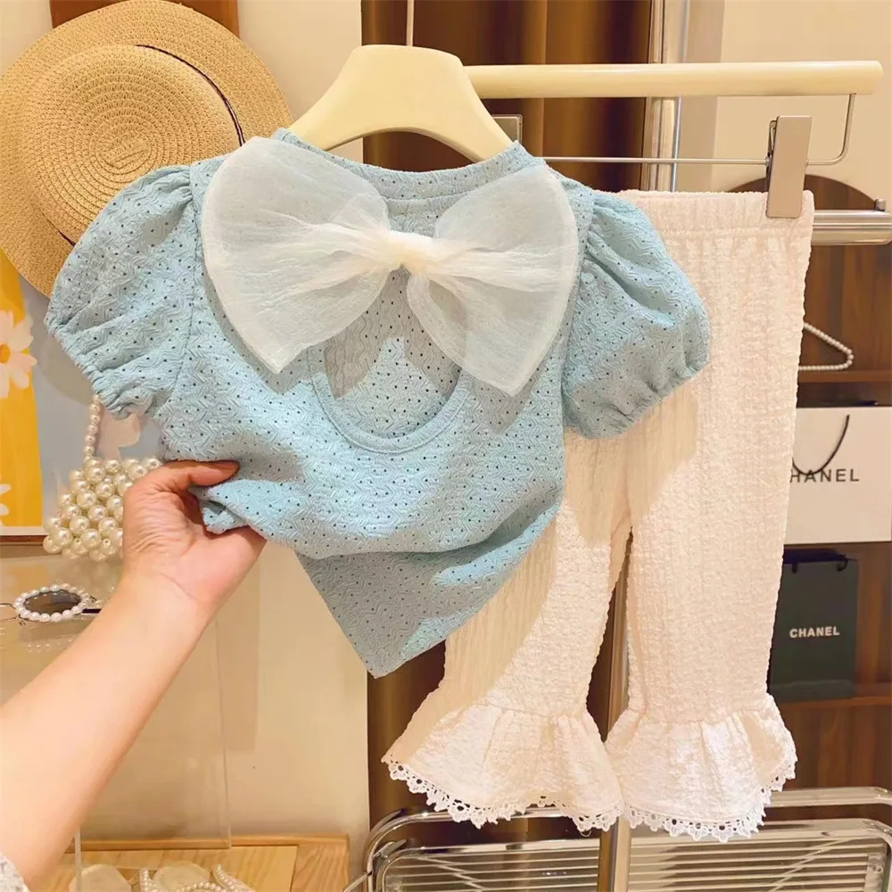 

Girls Short Sleeve T-shirt New Kids Summer Bow Top Foot Lace Flared Pants Set