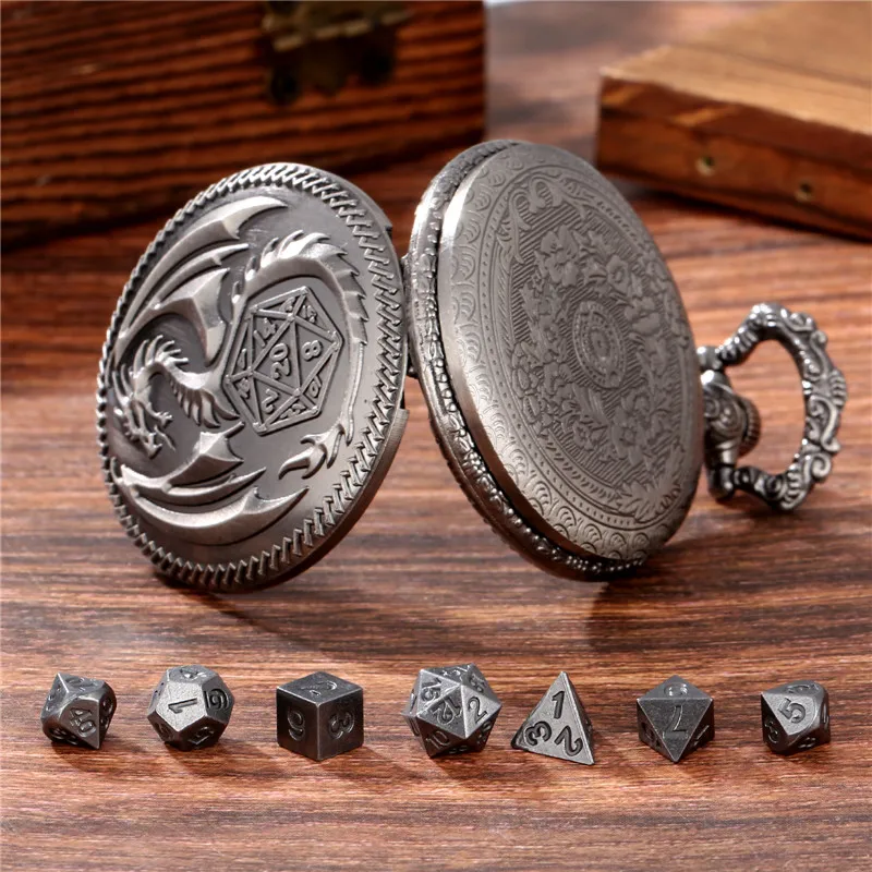 Pocket Watch Chain Bronze Dragon Pocket Watch Case FOB Chain With 7 X Metal Polyhedral Dice With Entertainment Role Play Game Dices