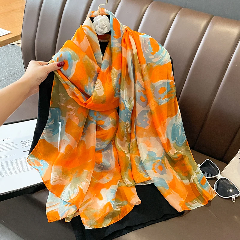 

Spring Summer Travel Beach Sun Resistance Shawl Abstract Figure Printed Ladies Soft Long Silk Foulard Gauzy Chiffon Scarf