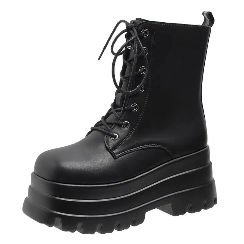

2023 Autumn High Platform Leather Boots 8.5CM Wedge Heels Ankle Boots Women Punk Shoes Motorcycle Chunky Sneakers Woman eu 35-42