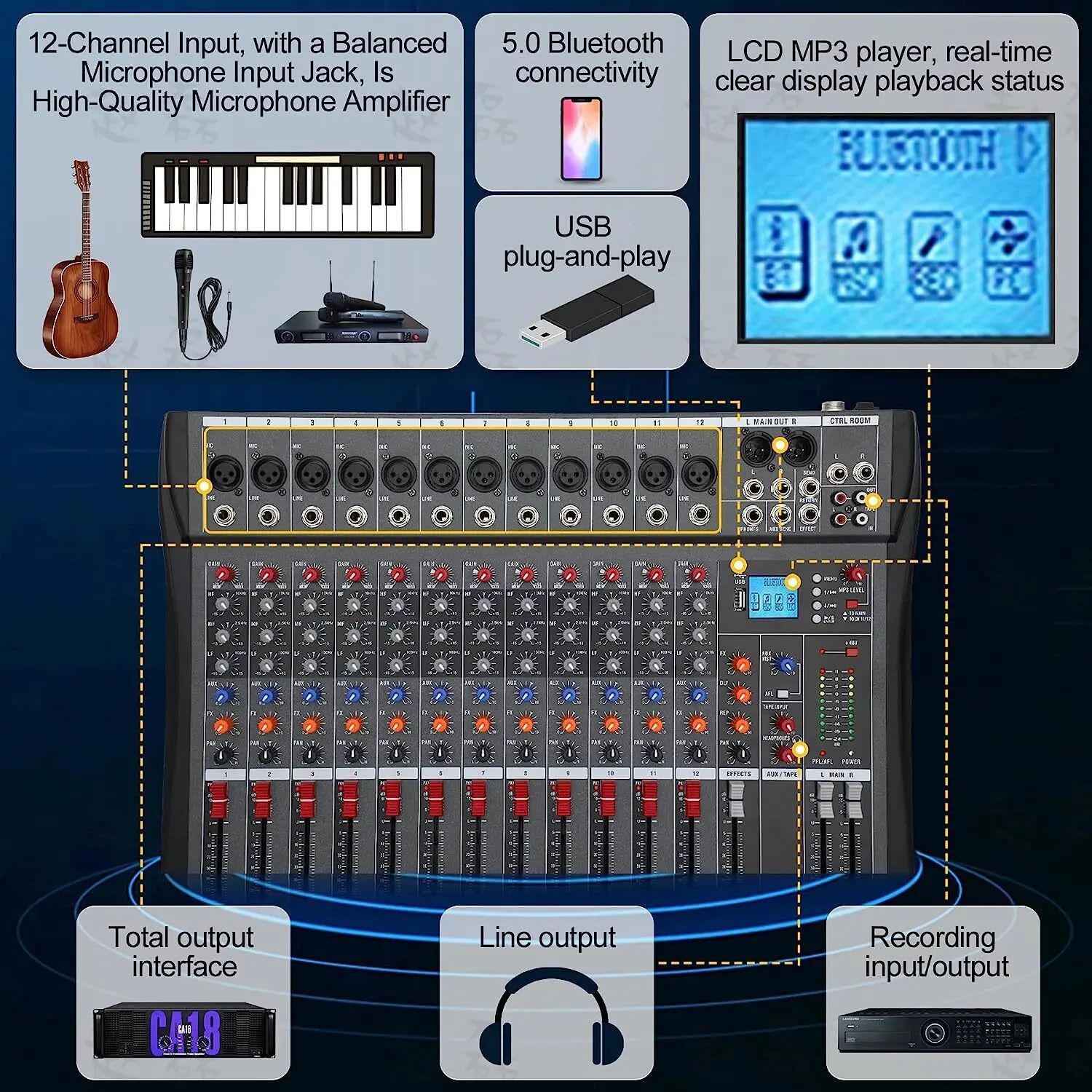 12 Channel DJ Studio Audio Professional Audio Mixer Console Sound Live Studio Sound Mixing Console Machine w/ USB