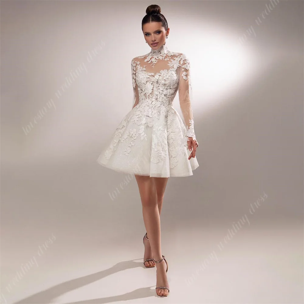 Short Mini High Neck Bridal Gowns For Women Lace Applique Above Knee Length  Wedding Party Dress Long Sleeves Wedding Dresses - AliExpress 320