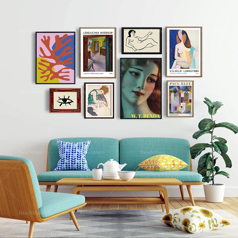 

Eclectic gallery wall minimalist decor, Egon Schiele (print) artwork Paul Klee print, Matisse, exhibition poster