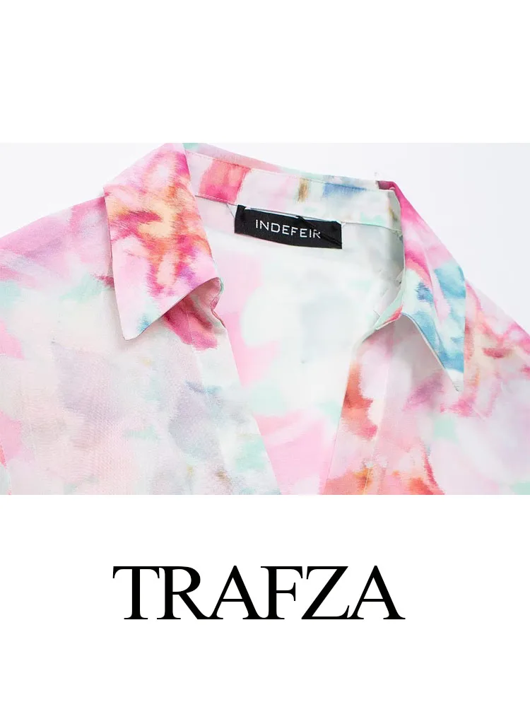TRAFZA Summer Blouse Woman Trendy Print Turn-Down Collar Long Sleeves Bow Decorate Single Breasted Female Bohemian Shirts