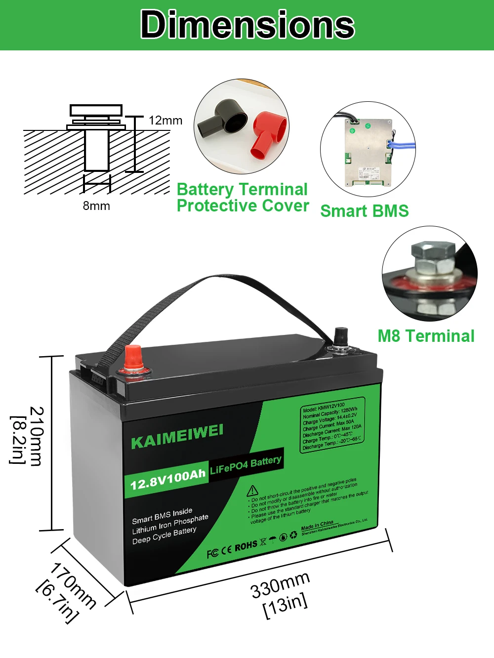 LiTime 12V 100Ah LiFePO4 Battery, Smart BMS with Low Temp Cut Off for RV,  Solar, Motorhome 