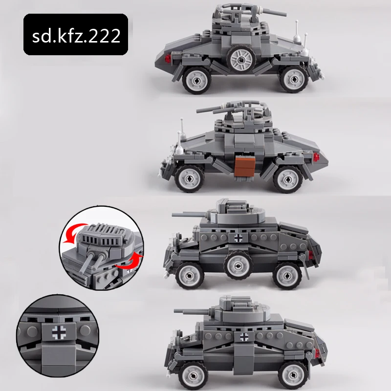 

MOC WW2 Military Vehicle Armored Car Building Blocks German Figures Weapons sd.kfz.222 Soldiers Accessories Army Parts Kits Toys