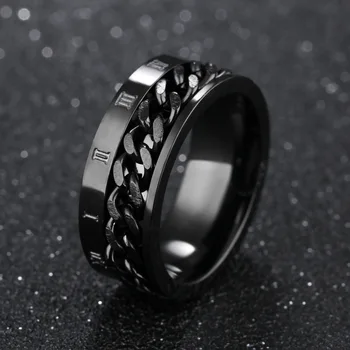 Numeri romani catena in acciaio inossidabile rotante ansia anelli neri per uomo Fidget Metal Spinner Knuckle Ring Anillos De Hombre