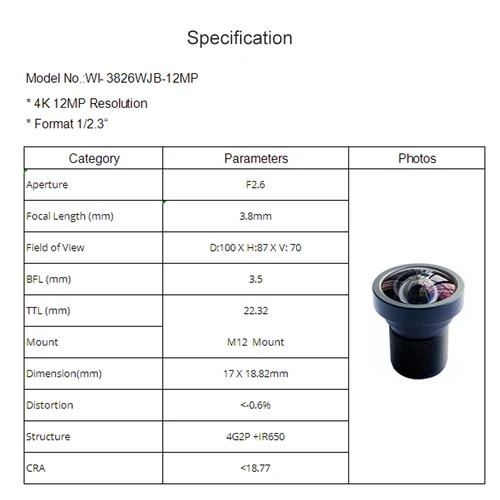 Witrue HD CCTV 렌즈, 고프로 DJI, SJCAM, SJ7 카메라용 왜곡 없음, IR 필터 포함, 650nm, 1/2.3 인치, F2.6, 4K HFOV, 12MP, 3.8mm 5