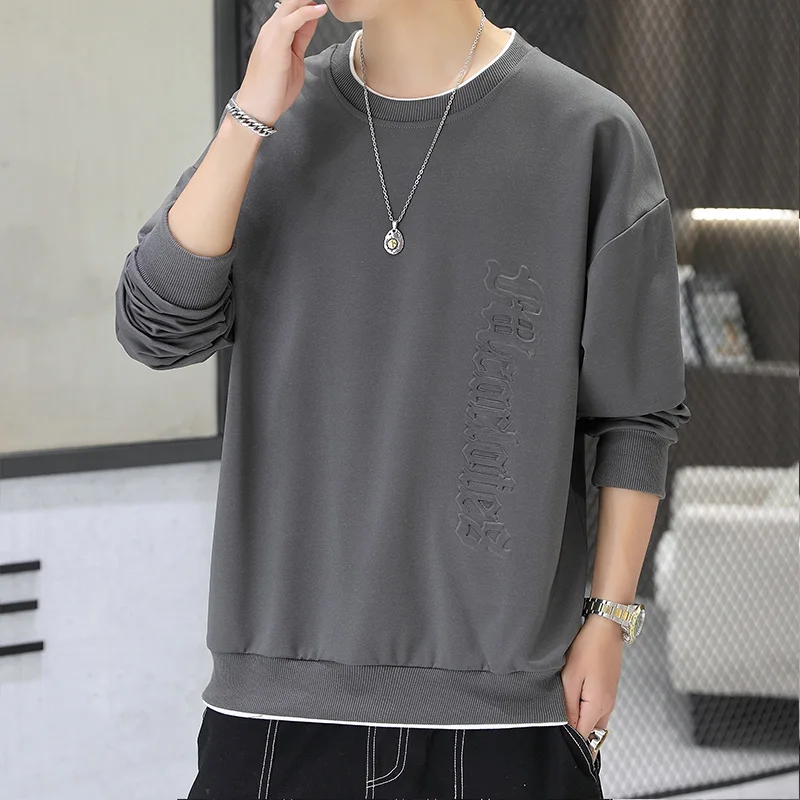 Men's Spring Autumn Solid Pullover Round Neck Letter Printed Lantern Long Sleeve T-shirt Sports Hoodies Fashion Casual Tops