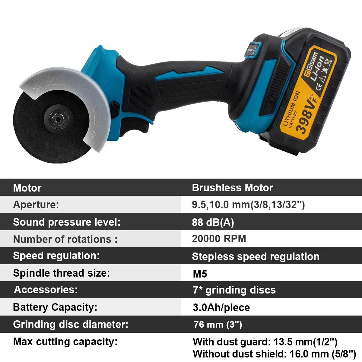 Gisam 76mm Brushless Angle Grinder Grinding Cutting Machine Cordless Electric Angle Grinder Power Tools for Makita 18V Battery 5