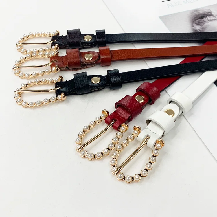 

Leather belt women waist luxury black red belts for jeans dresses woman pearl studded buckle girls ladies fashion decorative