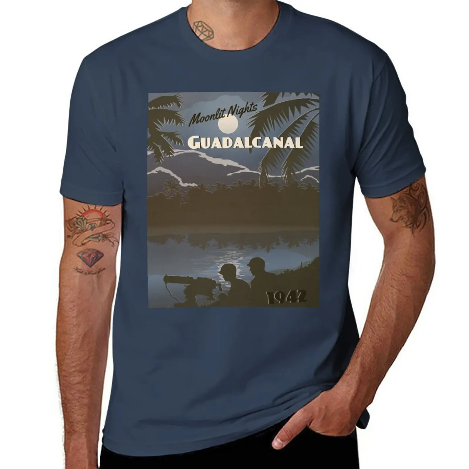 

Guadalcanal 1942 - Moonlit Night Travel Poster T-Shirt heavyweights plus size tops summer clothes mens graphic t-shirts hip hop