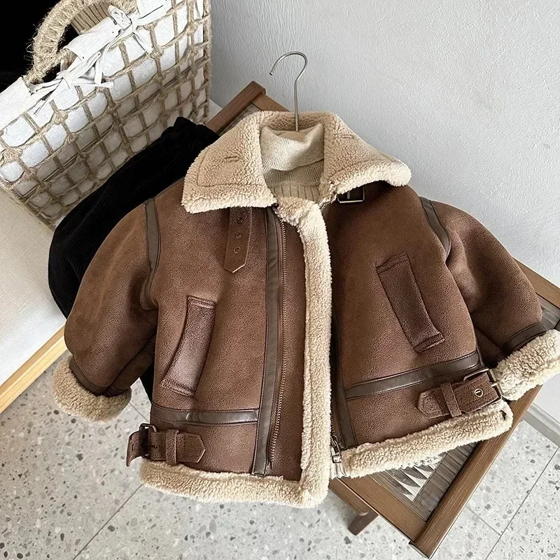 Children Jackets Velvet Warm Fleece Outwear Korean Boys Girls Zipper Suede Coat Winter