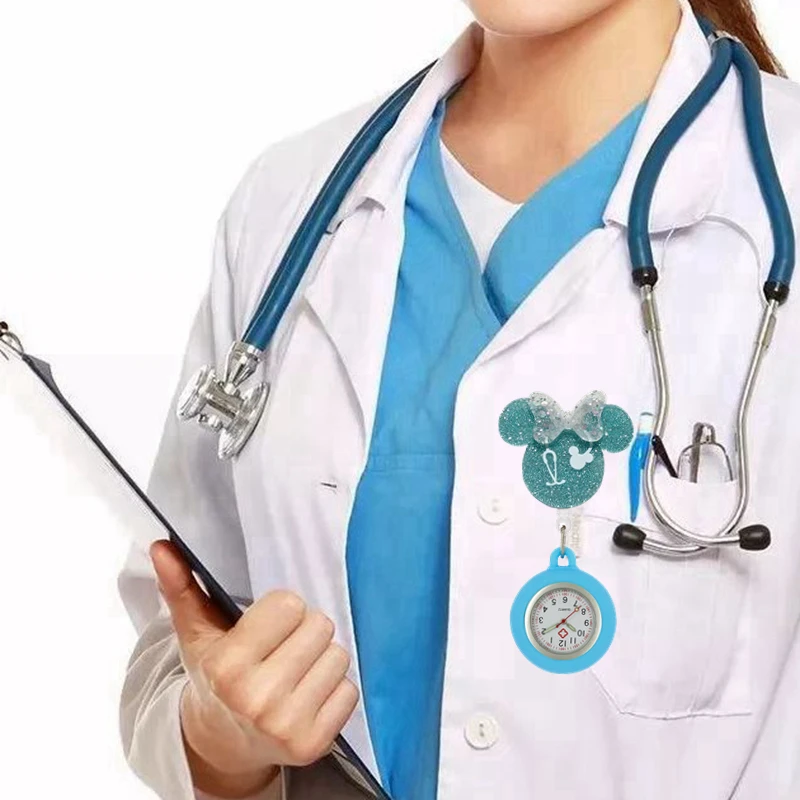 Cartoon Shiny PVC Stethoscope Bowknot Pattern Nurse Doctor Retractable Pocket Watches Hospital Medical Clips Gift Clocks