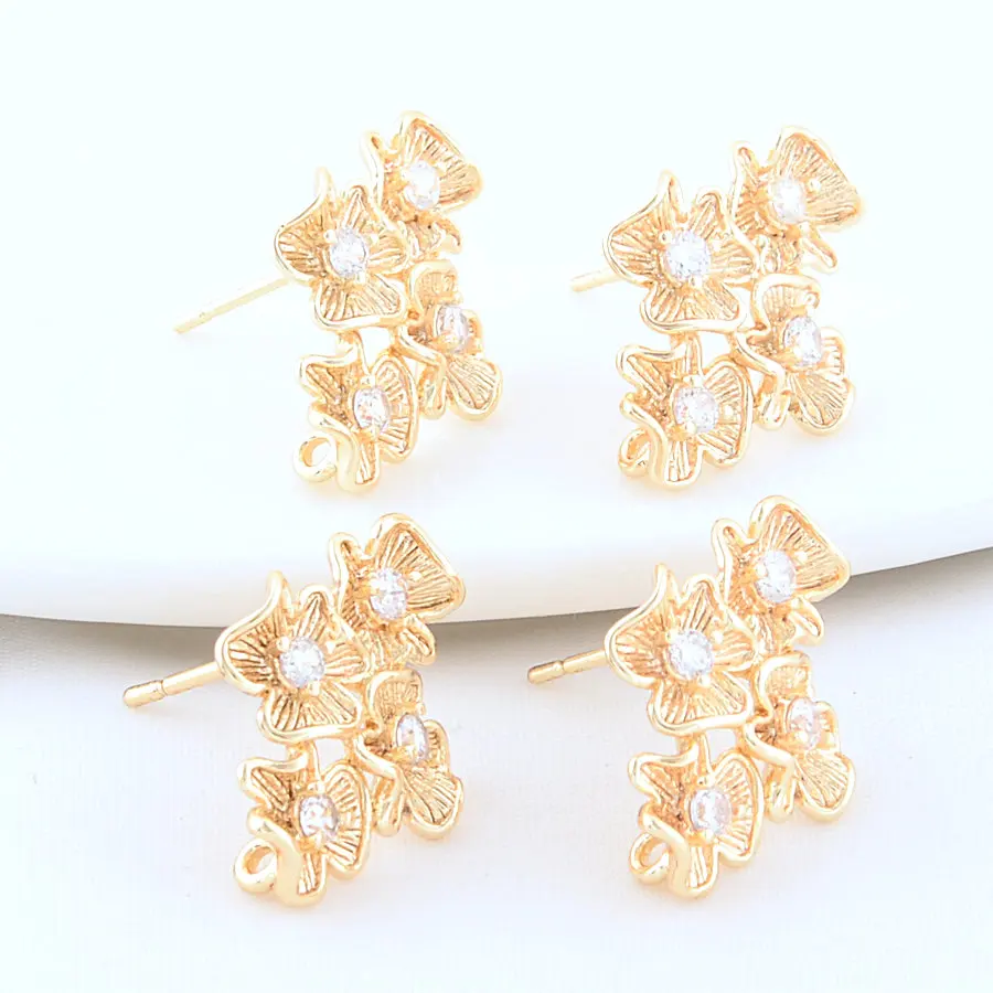 4PCS 13,5*18,5 MM 14K Gold Farbe Messing und Zirkon Blumen Stud Ohrringe Pins Schmuck Machen Liefert Erkenntnisse – Detail 6
